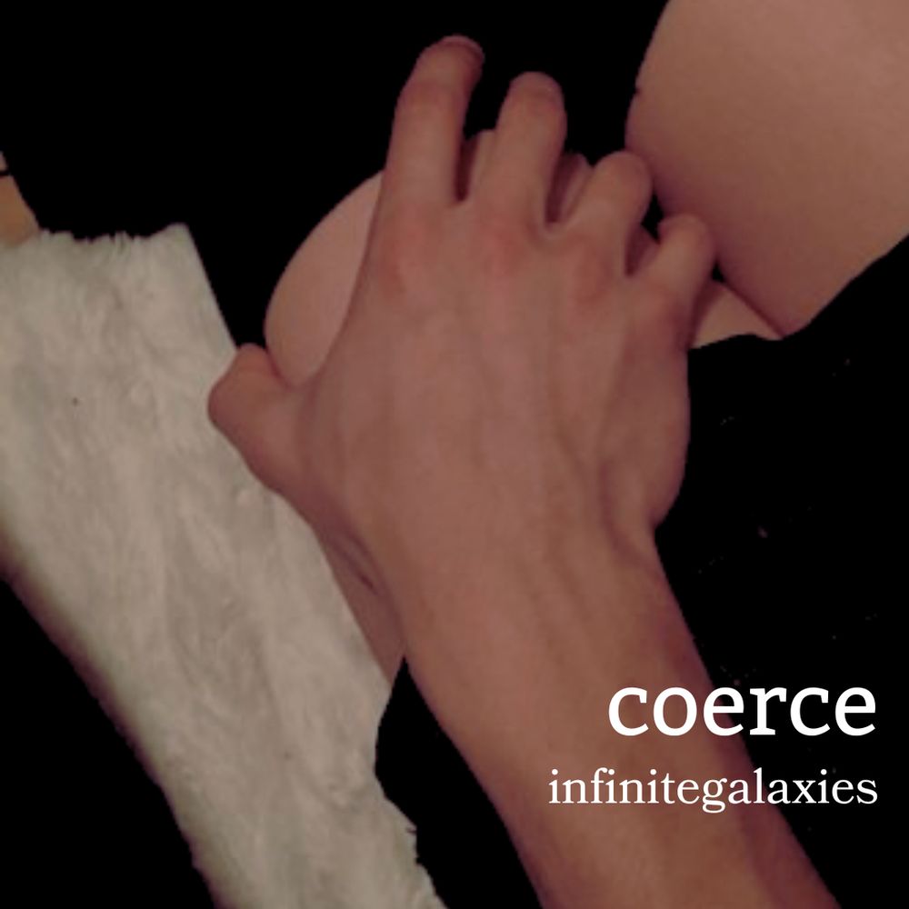 coerce by infinitegalaxies overhead shot of a white man's hand on a white woman's legs. she's wearing knee socks and a laid skirt, sitting on a white bed. his hands nearly wraps around her entire thigh