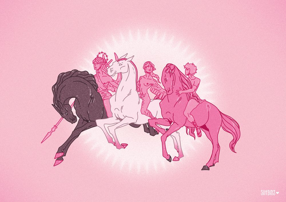 illustration dans les tons rose de 3 cavaliers : un ange, une harpie et un jeune berger, qui s'enfuient.