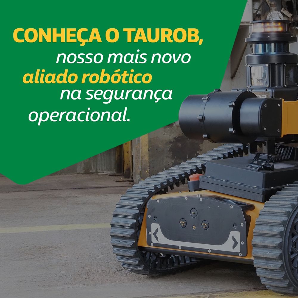 A imagem mostra um robô chamado Taurob, que é projetado para segurança operacional. O robô tem um design robusto, com uma base de rastreamento e um corpo que parece equipado com sensores e câmeras.
O texto na imagem diz: "CONHEÇA O TAUROB, nosso mais novo aliado robótico na segurança operacional."