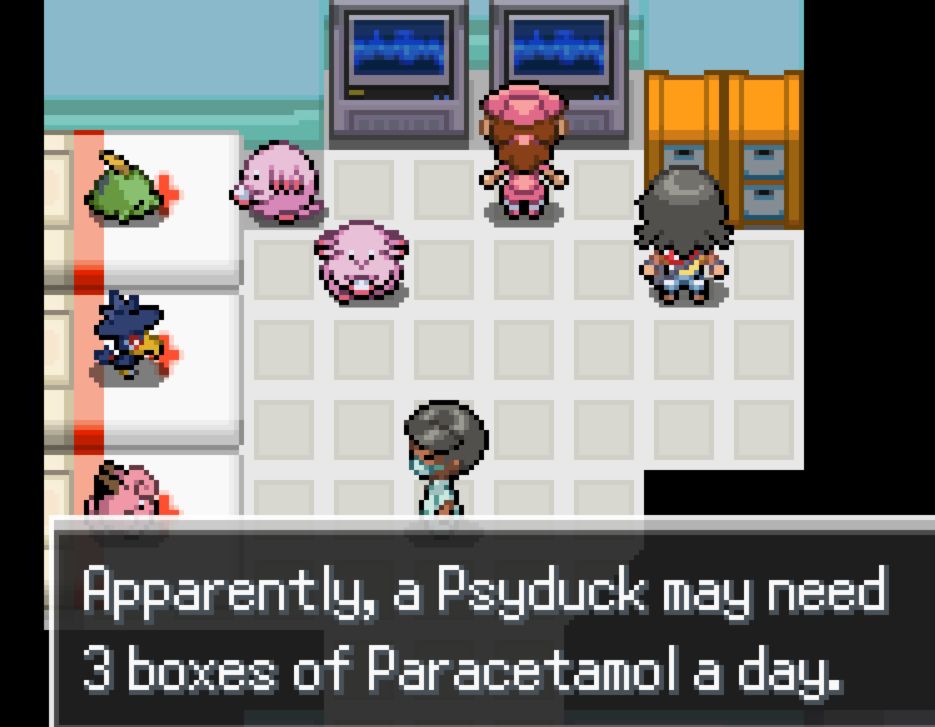 Pokemon Opalo text stating that Psyducks consumes a large amount of Paracetamol(Tylenol) daily. 