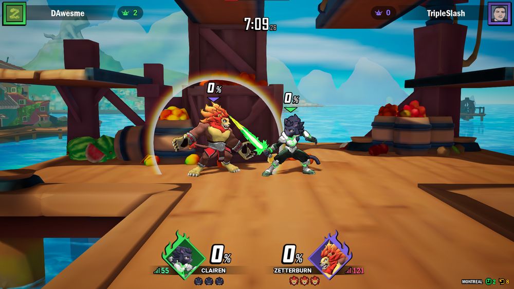 A screenshot of Rivals of Aether 2. Clairen and Zetterburn both look decently detailed, however the same cannot be said about the stage they stand on and the decorations in the background. The apples and whatnot are all merged into waxy sludges of indistinguishable material, the barrels look like a badly handled 3D print and good lord the melons. The textures of the pier are blurry and have more in common with a memory leak than a wood texture. Clairen has no mask on :)