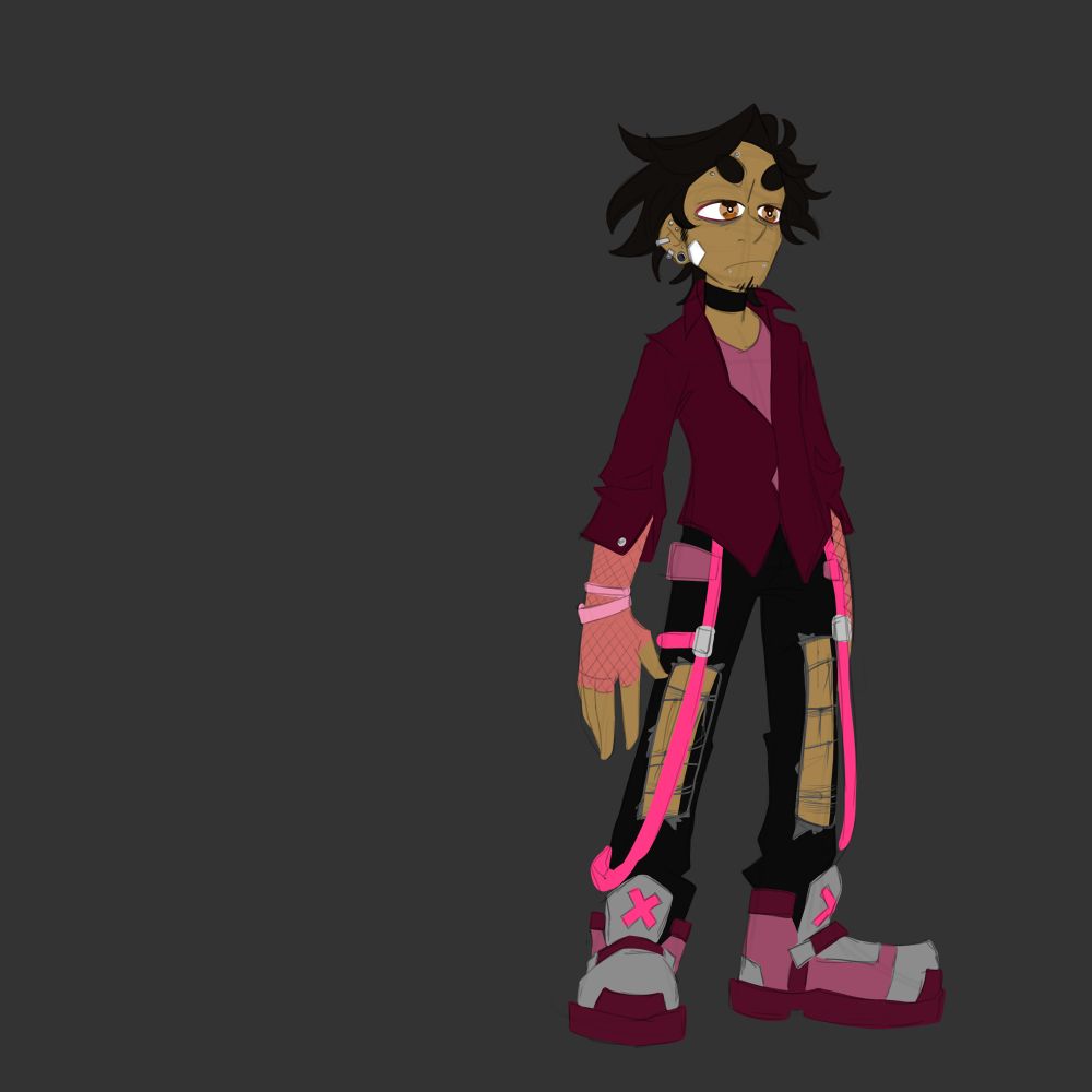 Jason. Male character standing brown almost black hair. Pink undershirt with a dark pink button up over shirt. Pink bracelets and pink fingerless fishnet gloves. Pants with big wholes in them