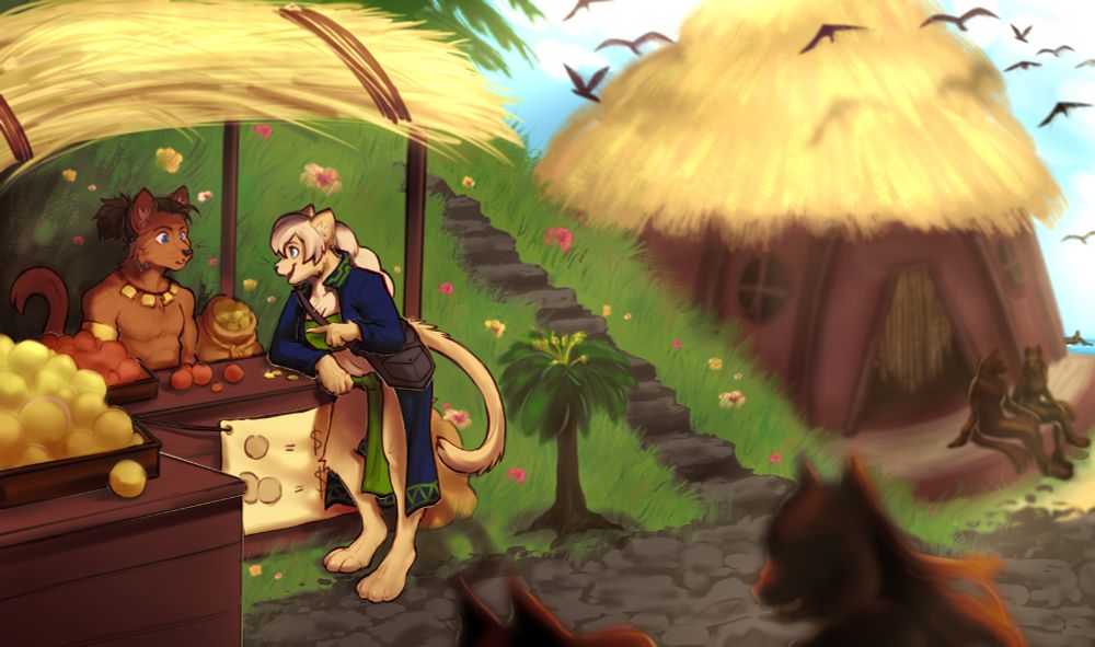 A piece of two catfolk. Kaljei on the left and Qira on the right. They are standing in a village marketplace, with Kaljei manning a stall and with Qira haggling with Kaljei about some fruits. A round hut can be seen in the background, along with some undetailed people.
Kaljei is a brown furred, male catfolk. He is wearing golden jewelry and appears surprised or dumbfounded by what Qira is saying.
Qira is a female catfolk with peach peach fur. She is leaning on the market stall and chatting. She is wearing a blue coat over a green tribal outfit, and is carrying a satchel.
The art is made by CanineCrypt.