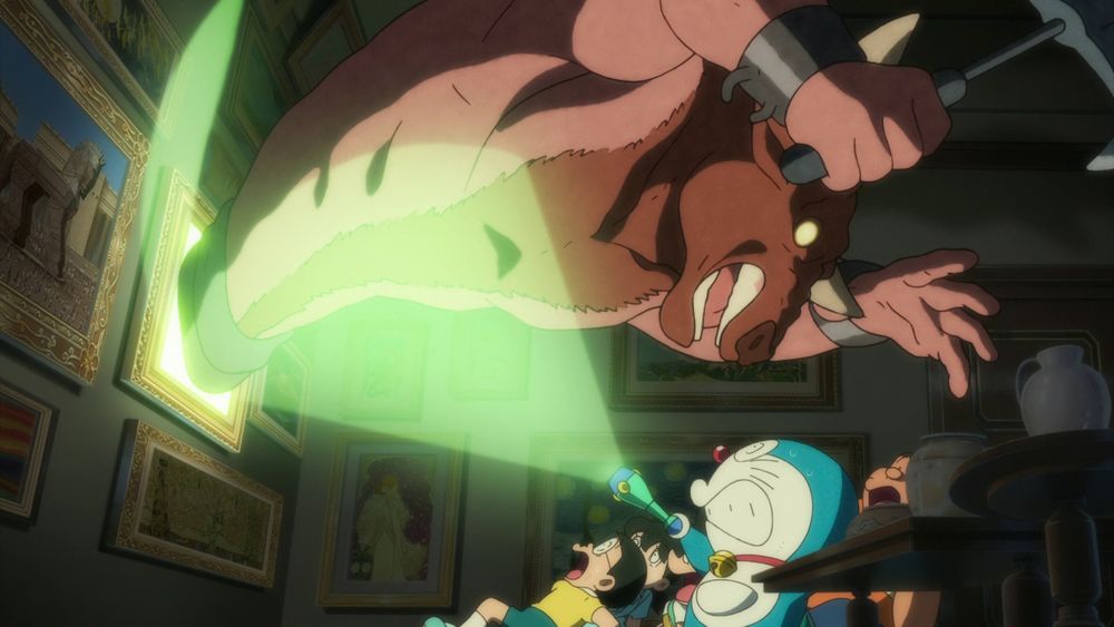 A scene from Doraemon: Nobita's Art World Tales (2025) where a Minotaur emerges from a painting to threaten Nobi, Doraemon and the gang.