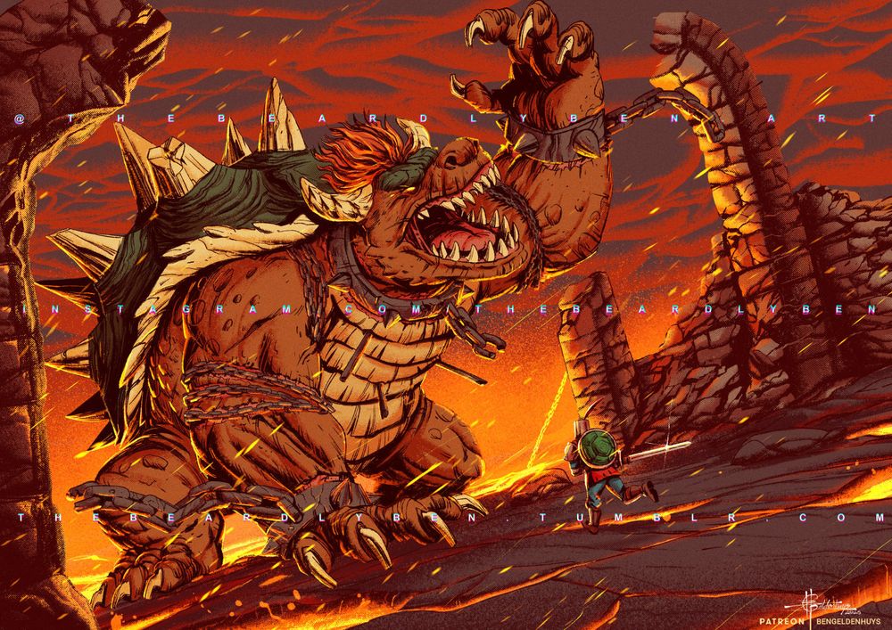 An illustration depicting Bowser as a FromSoft Souls-type boss roaring at a tiny blue and red coloured knight with a green turtle shell shield running at him with a sword in some underground ruins ablaze with lava and embers. Bowser has broken chain manacles around his wrists, arms and neck that has started to dig into his flesh as well as three broken spears embedded in his chest scales.