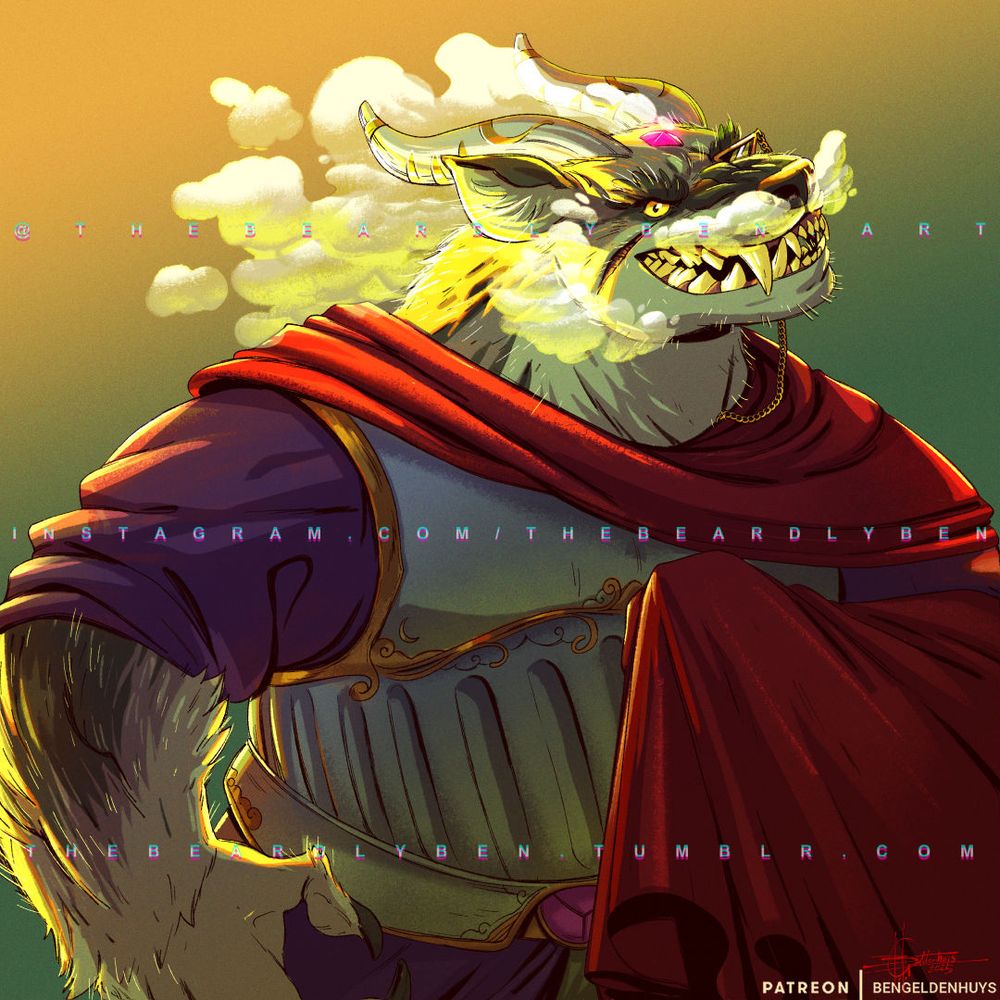 An illustration depicting a large and bulky male werewolf with horns, clouds for hair and facial hair and a pink gem lodged in his forehead wearing a metal breastplate with gold accents, purple tunic and a red cape as well as a triangular monocle on his left eye. He is looking towards the viewer with a toothy grin.