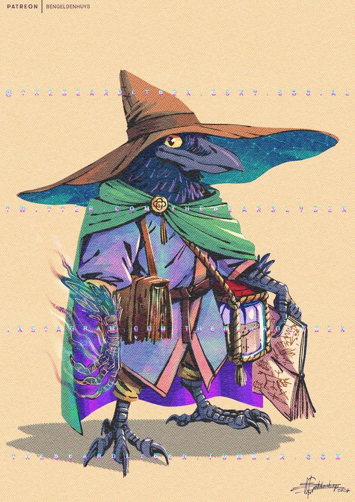 An illustration of a kenky wizard with an oversized wizard hat with a constellation print on the inside of the brim. He also has an ethereal right mage hand, a burnt spell tome over his right shoulder, a jar of ashes at his hip and a colouring book in his left hand.