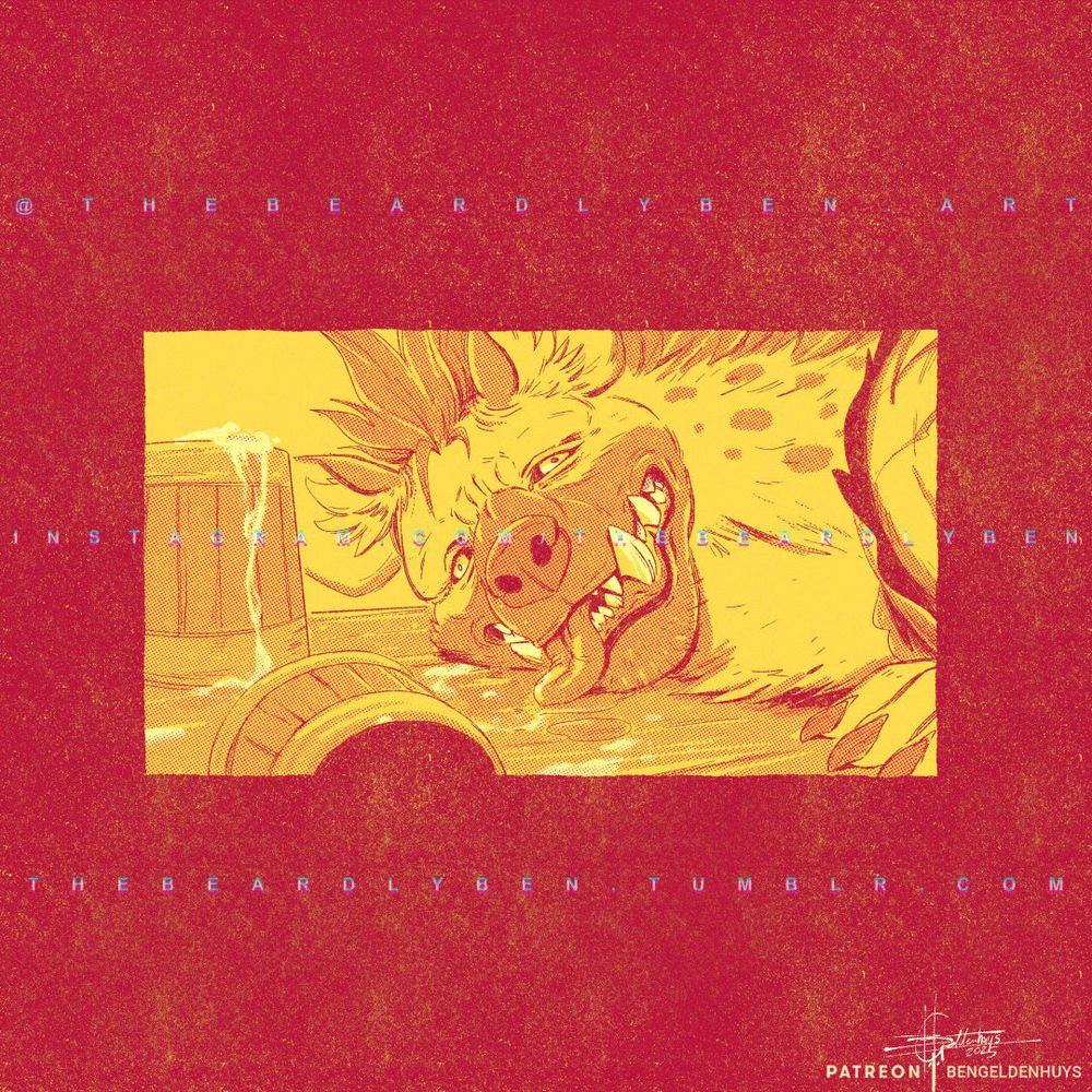 An illustration of a gnoll bard laying with his face down drunk on a tavern table with a silly expression on his face and empty ale tankards surrounding him.