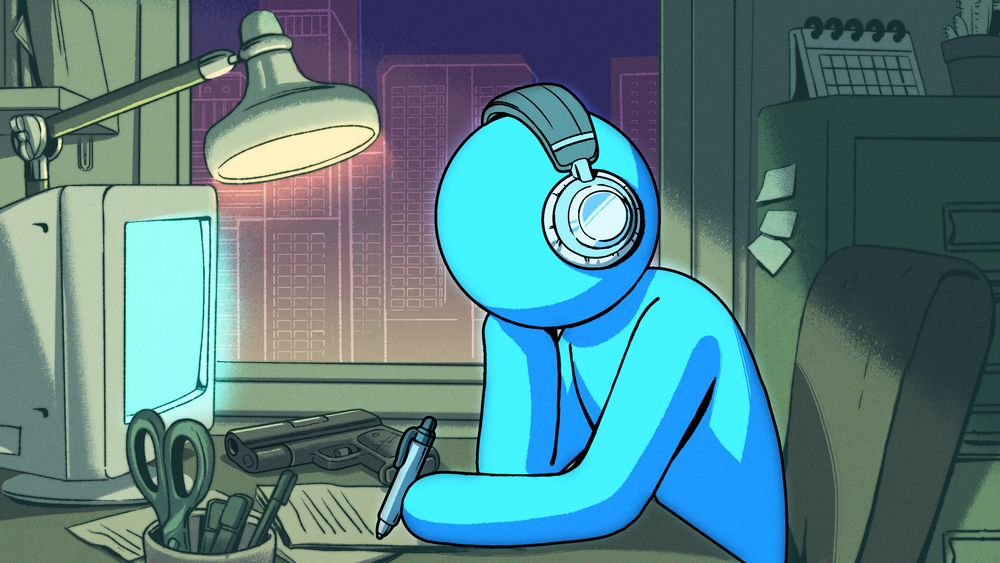 An illustration of a blue stickman wearing headsets writing at a desk with a CRT monitor, various office stationary, a lamp and a gun on it at night inside of a retro corporate/financial office cubicle. It is styled to look like the "lo-fi beats to study to" video stream that is popular on youtube.