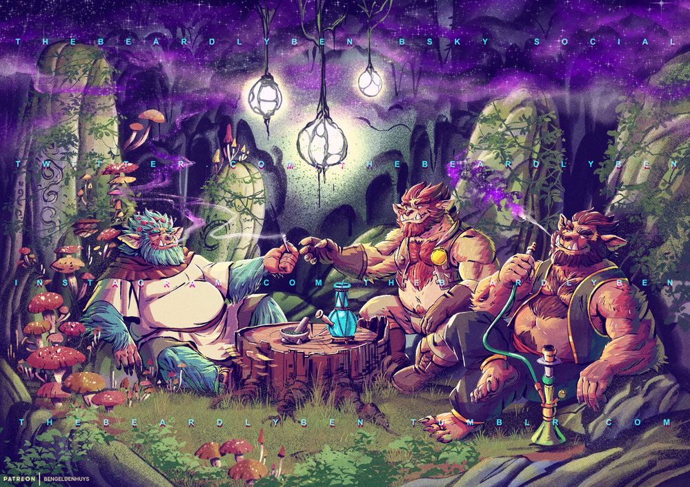 An illustration of 3 big hefty bugbears in a cave smoking weed. They are sitting in a circle, two passing a joint and one smoking a hookah pipe, resting their backs against stone menhirs with carved runes covered in moss and vines. The weed smoke being exhaled appears magical, containing nebulous galaxies and stars and of a purple hue. In the middle of the chamber is a tree stump acting as a table, with a bong and a mortar and pestle resting on it.