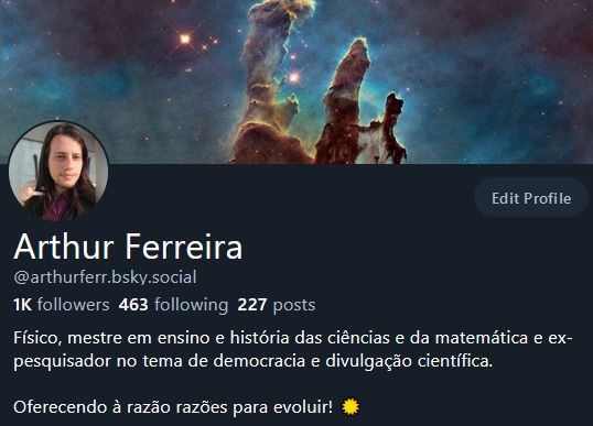 Impressão da tela de perfil de Arthur Ferreira no site Bluesky. Abaixo da foto, lê-se "1k followers".