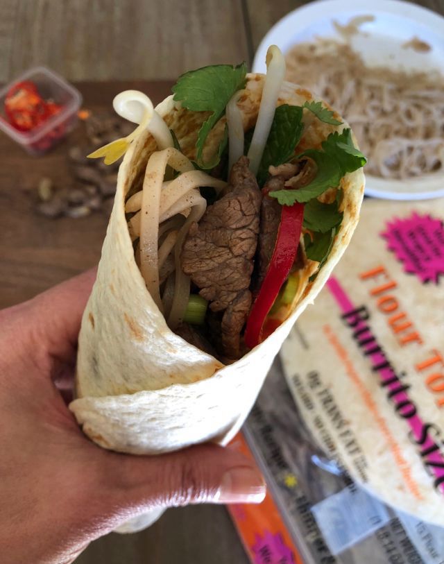 Image of pho ingredients wrapped in a tortilla