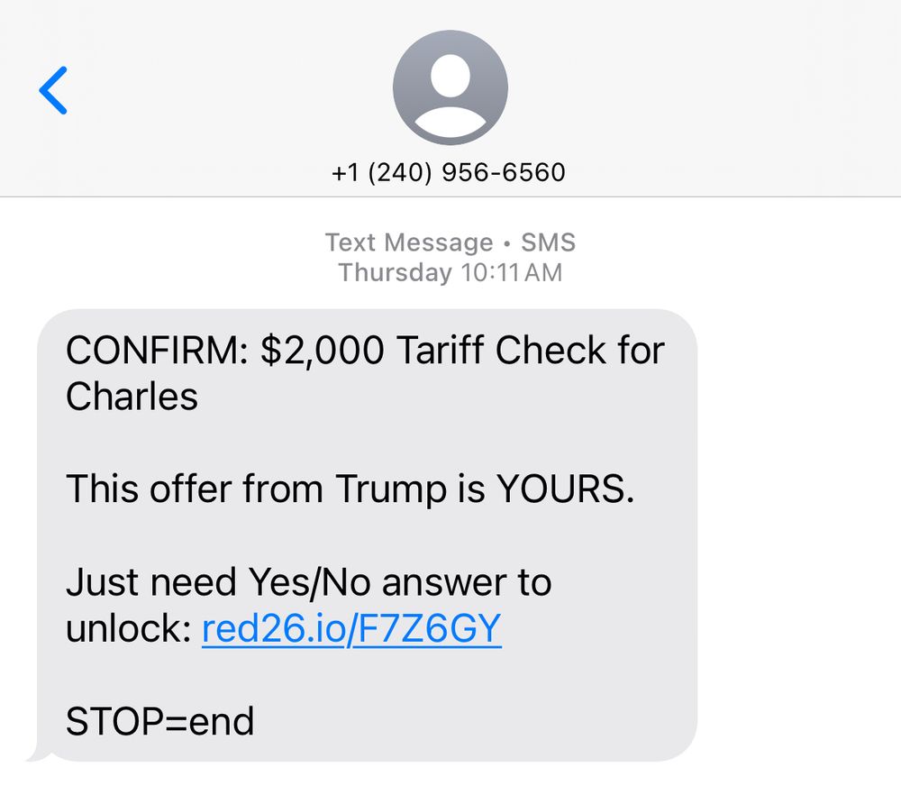 Screenshot of a scam text to confirm a bogus tariff check. 