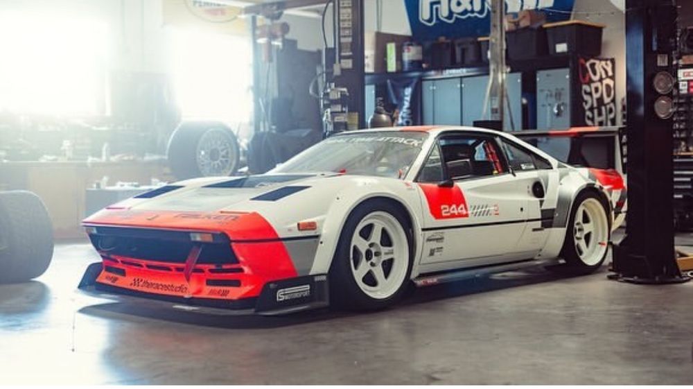 Photo of Mike Burroughs’s batshit insane Ferrari 308 track car. 