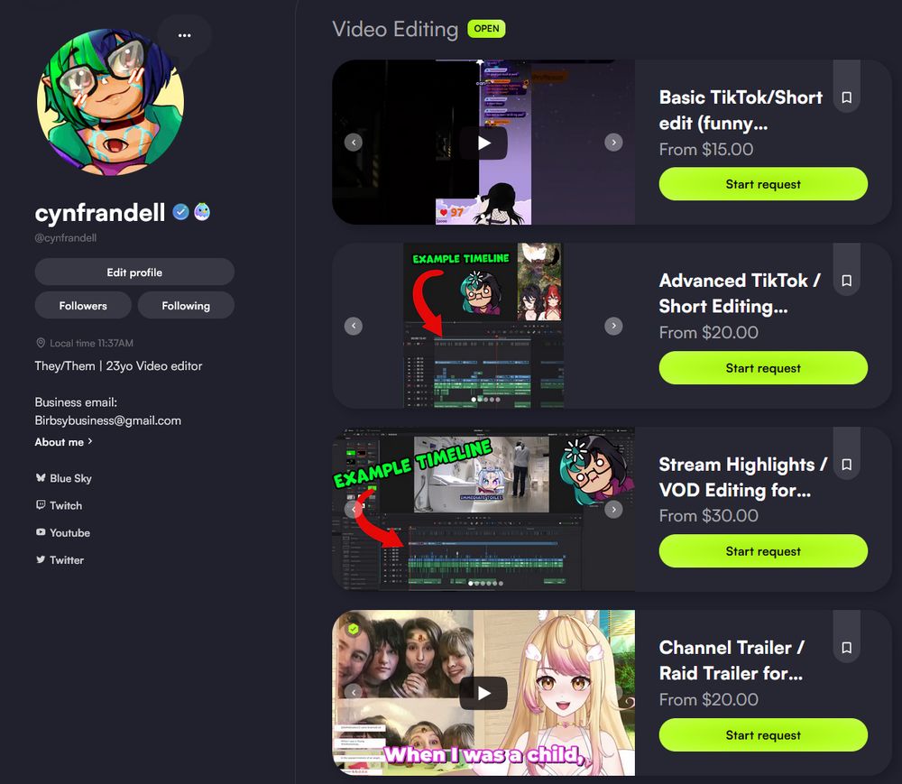 Cynfrandell VGen page with four services open:
basic TikTok/Short edit
Advacned TikTok/Short edit
Stream Highlights / VoD editing
Channel trailer / Raid trailer