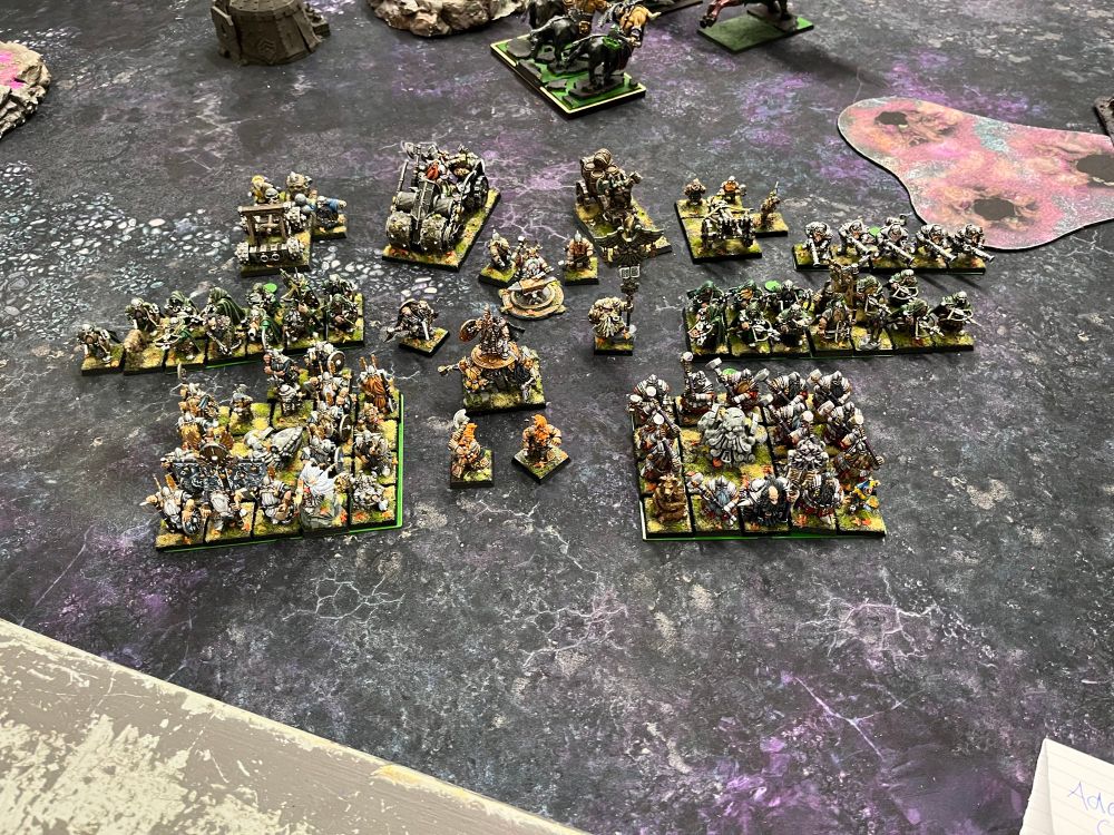 20 hammerers, 22 longbeards, 2x13 quarrellers, a couple of doomseekers some artillery and and a bunch of dwarf characters on square bases ranked up for parade 