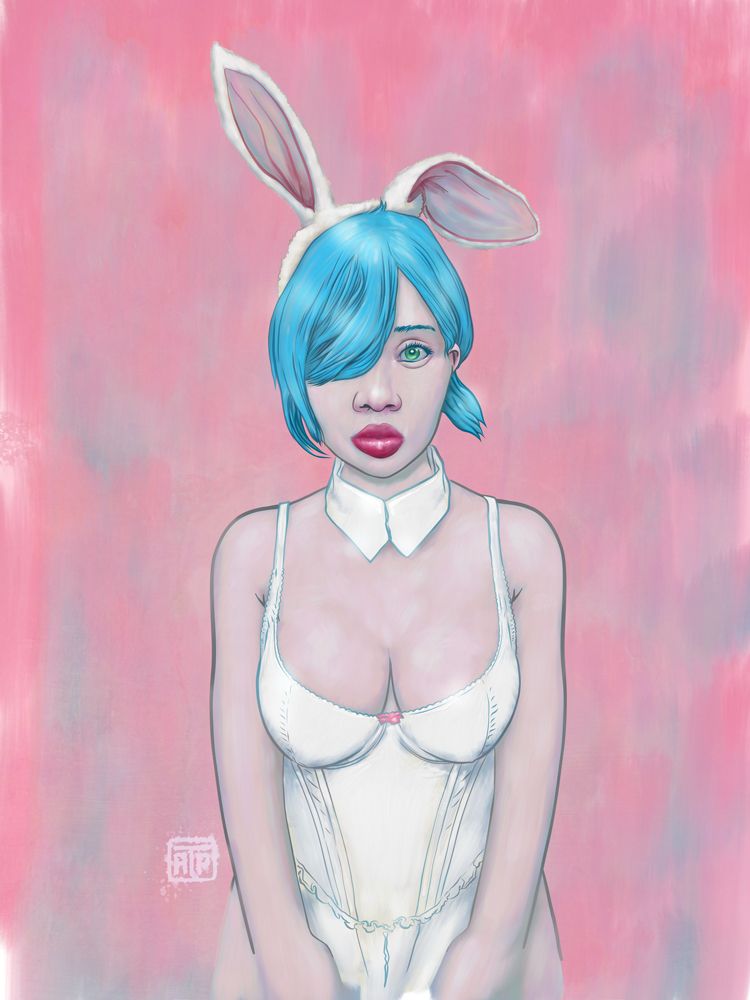 a digital painting of a woman in lingerie top with blue hair and rabbit ears drawn by angryf
