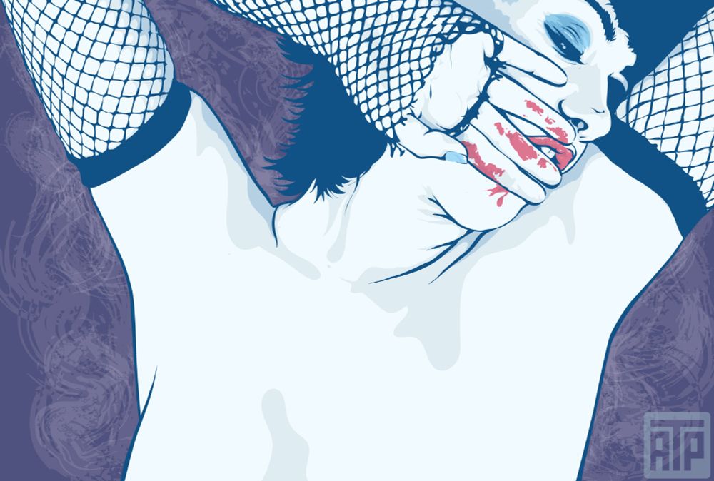Vector Illustration drawn by Angryf of a woman wearing fishnet gloves with red matching her lipstick on her hands
