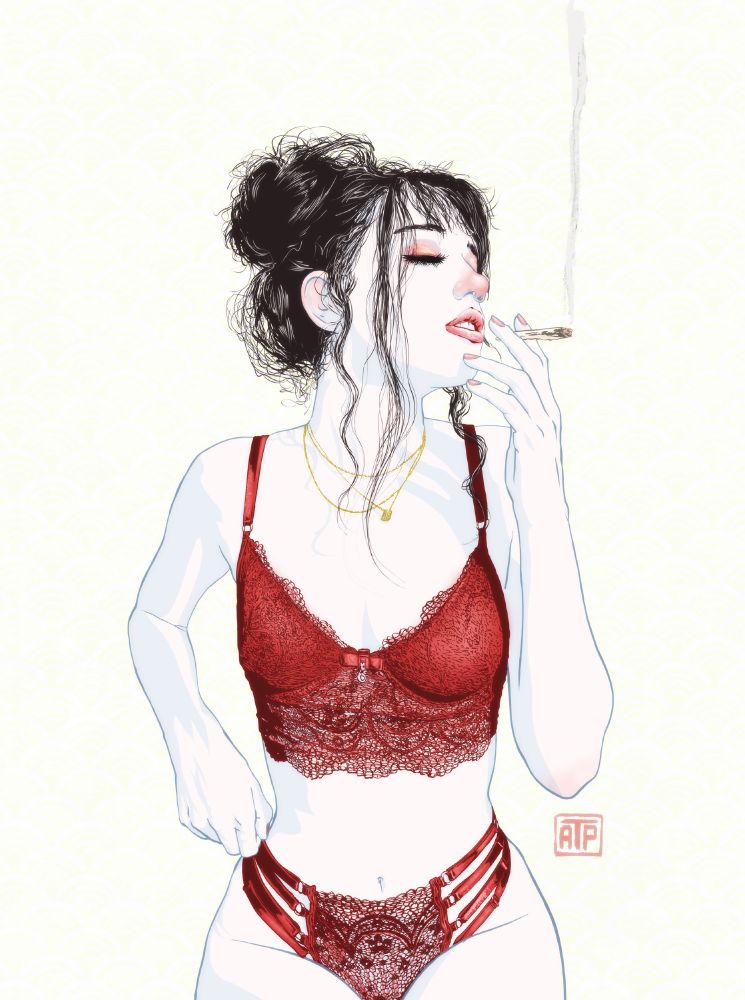 digital illustration by @angryf of a woman in lingerie smoking a hand rolled smoke