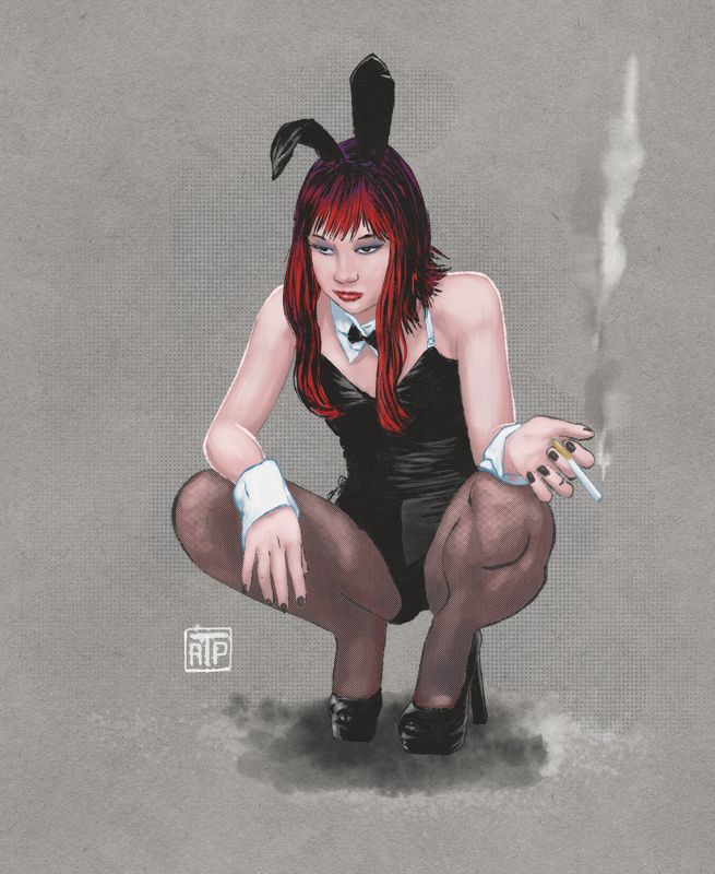 digital illustration by angryf for a woman in a bunny girl costume squatting and smoking a cigeratte