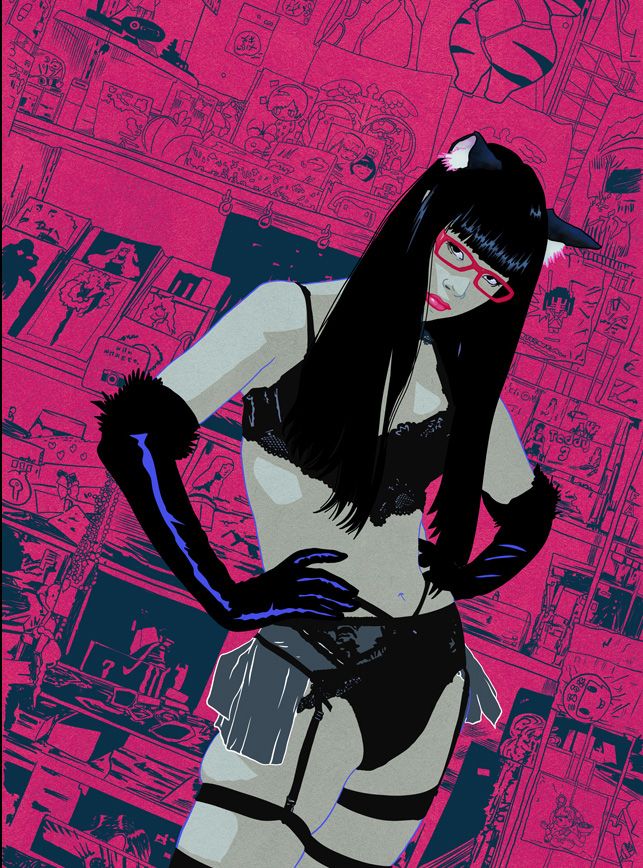 Vector illustration drawn by angryf of a woman at a toy store in lingerie silk gloves and cat ears #vectorart #illustration #catears #lingerie