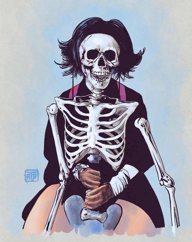 digital illustration drawn by angryf of a woman with a skeleton