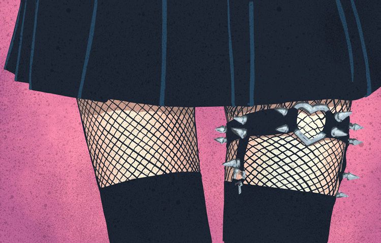 vector illustration by @angryf of a woman's thighs with tall socks, fishnets, skirt and spikes by @creepyyeha