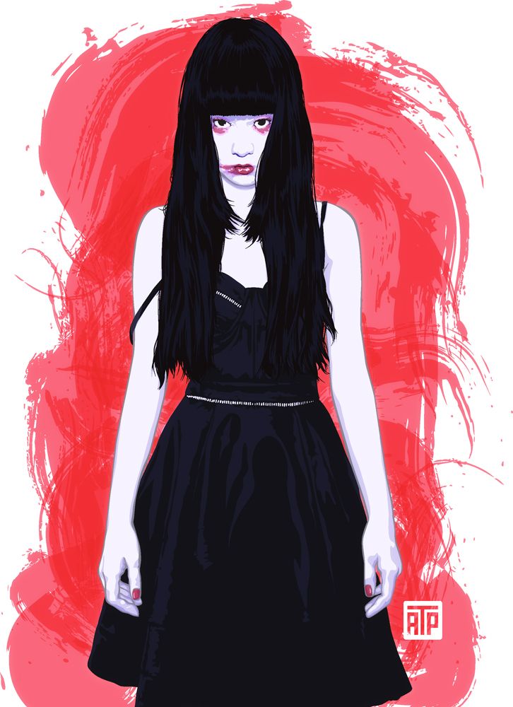 Vector illustration of a woman in a black dress with smeared makeup