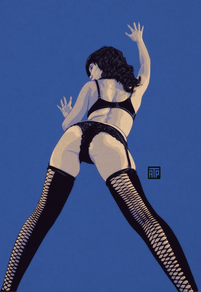 vector illustration drawn by angryf of Mini Scarlet leaning against a wall wearing lingerie and long leggings