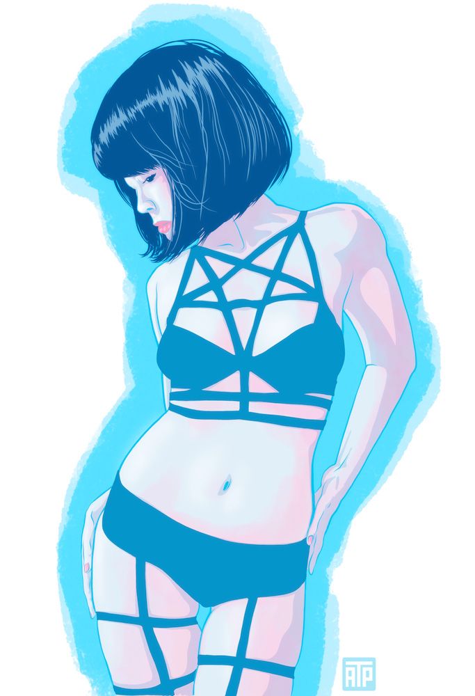 a woman in bra, underwear and graters