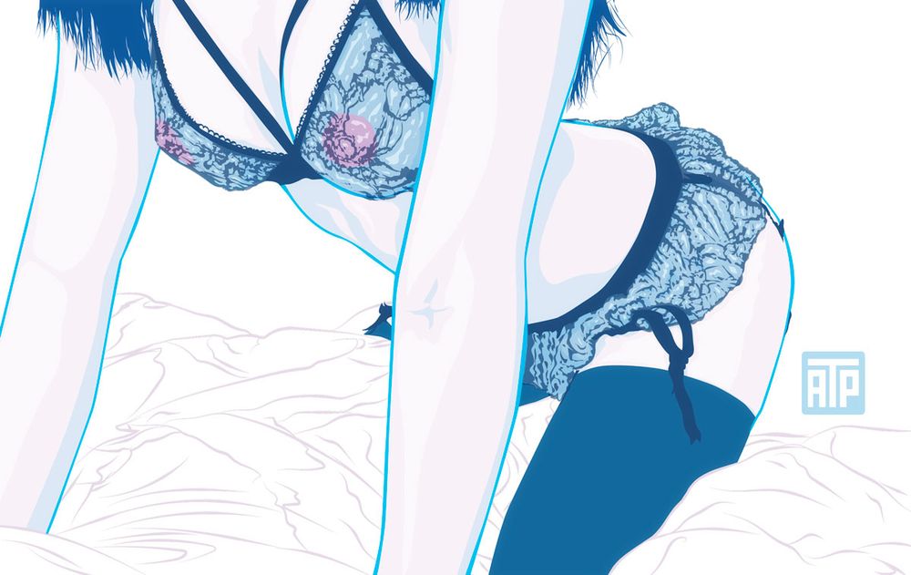 vector illustration of a woman climbing on a bed wearing sheer undergarments drawn by angryf