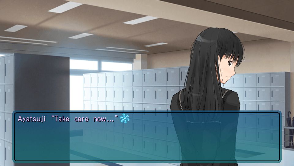 Screenshot from the game Amagami Ebikore+ on the PlayStation Vita. Image is of the character Ayatsuji, looking back at you and into your soul, with a vaguely threatening air. Her dialogue box reads: "Take care now..."