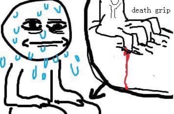 Person sweating bullets and gripping their thighs so hard it’s drawing blood; captioned “death grips”.