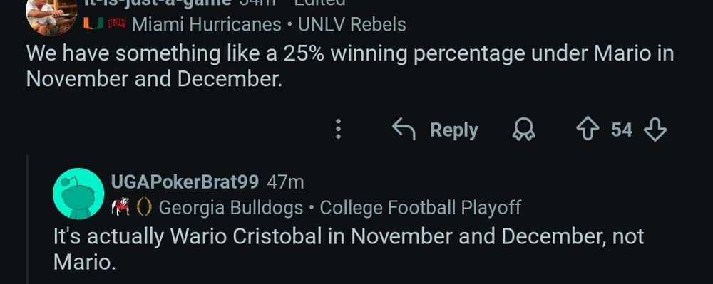 Text from Reddit complaining about Mario Cristobal's poor record in November and December. Punchline: "It's actually Wario Cristobal in November and December, not Mario."