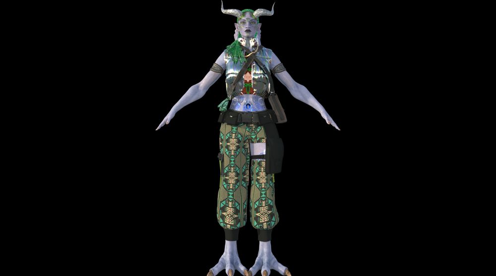A 3d image made in DAZ3D studio. Terrya, a blue skinned female gargoyle stands in a t-pose facing the viewer. There is no background. She has on a tank top with a red, green, white and black pattern, an iridescent silver puffy vest, metal armbands, two shoulder sling bags, a long gold necklace, a belt with many pouches, a leg pouch, and sweatpants with an intricate green and yellow pattern and a gap on her left thigh to show off her skin. She has pointy ears, silver horns, green metallic flakes decorate her face, blue metallic tattoos on her stomach in spiral patterns to resemble water, and her hair is emerald green in long box braids. 