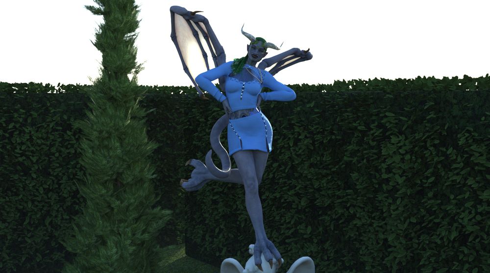Terrya stands on one leg atop of an angel statue. Her right foot has large large claws that holds her in place. She has her hands on her hips and uses her tail and wings to balance out. Terrya has a sweet smile for the viewer.