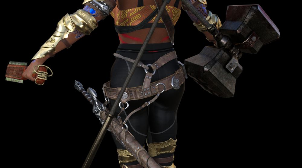 A quarter turn view of Xiuhcoatl's backside, her buttcheeks are rotund.