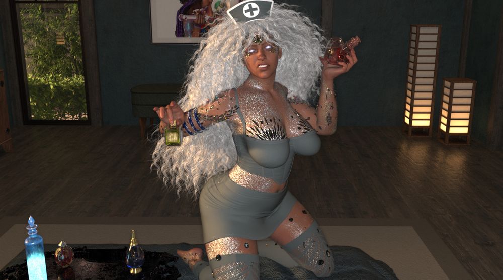 Jazza kneels on the edge of the bed the viewer is in. She has a disgusted expression on her face as she decides between two potions. In her left is a heart shaped one with red liquid in the bottle. In her right hand is a square bottle with green liquid, held between her thumb and middle finger. Behind her, on the wall, hangs a picture of Katrina being kissed by Vexxin in a homage to The Twelfth Night promo with Anne Hathaway. 