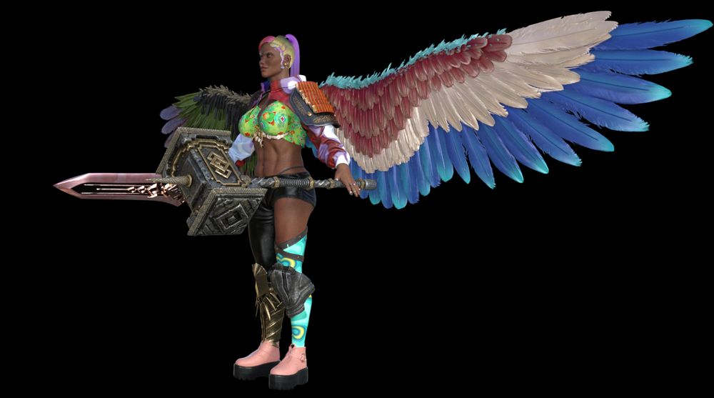 This is a quarter turn of the first image, Muxtra has been rotated slightly to the right. This angle brings her left wing closer to the viewer. Her wing, from the top, has light blue feathers, light red, white, and blue. The several ring on Muxtra's hands can be seen from this angle. 