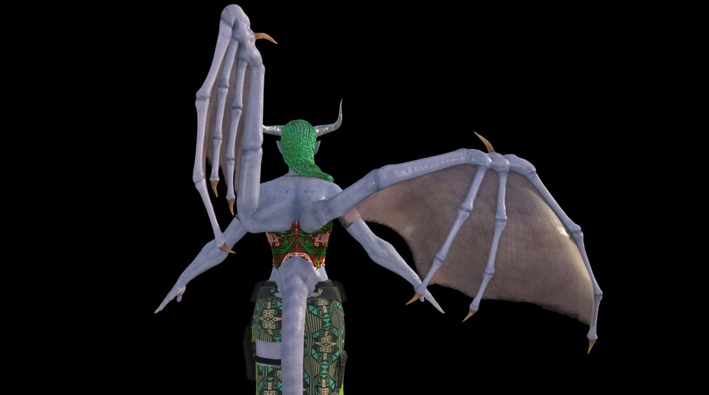 This shot is a closer view of Terrya's back. One of her wings is out in a flapping position. All her top clothes besides her tank top are removed so we can see how her wings come out from her body. 