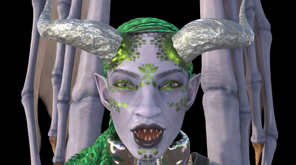 This shot has Terrya saying something to the viewer, with an overall friendly expression. Her sharp teeth are still visible. 