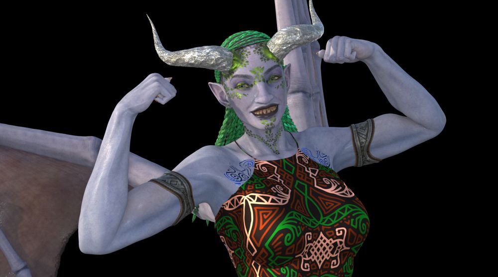A shot of Terrya from the chest up. She's flexing and smiling at the viewer, her muscles popping in her arms. Her hair is off her back and rests on her back.