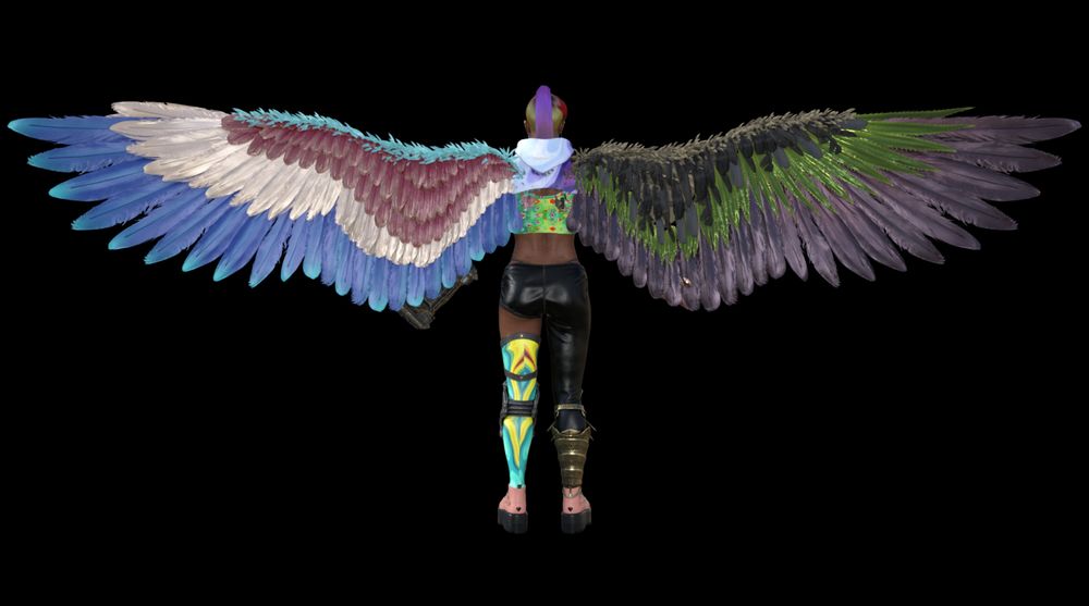 This is the view of Muxtra from behind. We can the full length of her wings, easily twice her body height. Her ponytail is visible. 