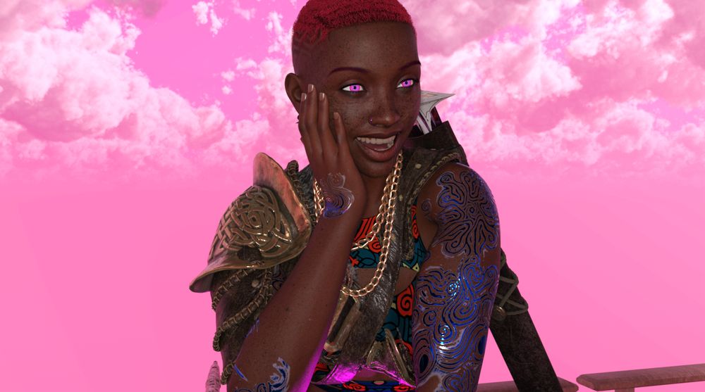 A 3d image of Katrina, a dark skinned Black woman. She has many freckles all over her body, a blue metallic tattoo in the shape of swirls on her arms, two gold necklaces, a gold shoulder guard on her right shoulder, and a sword sheath on her back. Katrina has short, cherry red hair and bright pink eyes. She's holding her cheek as she smiles to something off-screen. Behind her is a bright pink sky. 