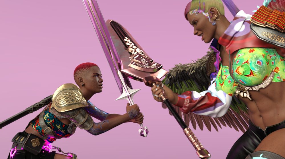 Katrina, a young Black woman, holds her sword up with both hands up against Muxtra, who holds her larger sword with one hand. Muxtra is a very tall woman with tan skin, visible abdominal muscles, and literal rainbow colored ponytail with baby hairs. She smiles down at Katrina who glares up at her. The two of them stand in front of a pink background. One of Muxtra's  wings comes into frame, it is black, green, and red colored. Muxtra has multiple rings on her right hand that holds her wide bladed sword and gold earrings that have a chain. She is wearing a cropped jacket with a swirling red, white, and purple pattern. On her chest is a tube top that has a green kaleidoscopic pattern and a white with gold trim armor piece. Her black leather pants only go down her right leg, leaving her left thigh exposed. 