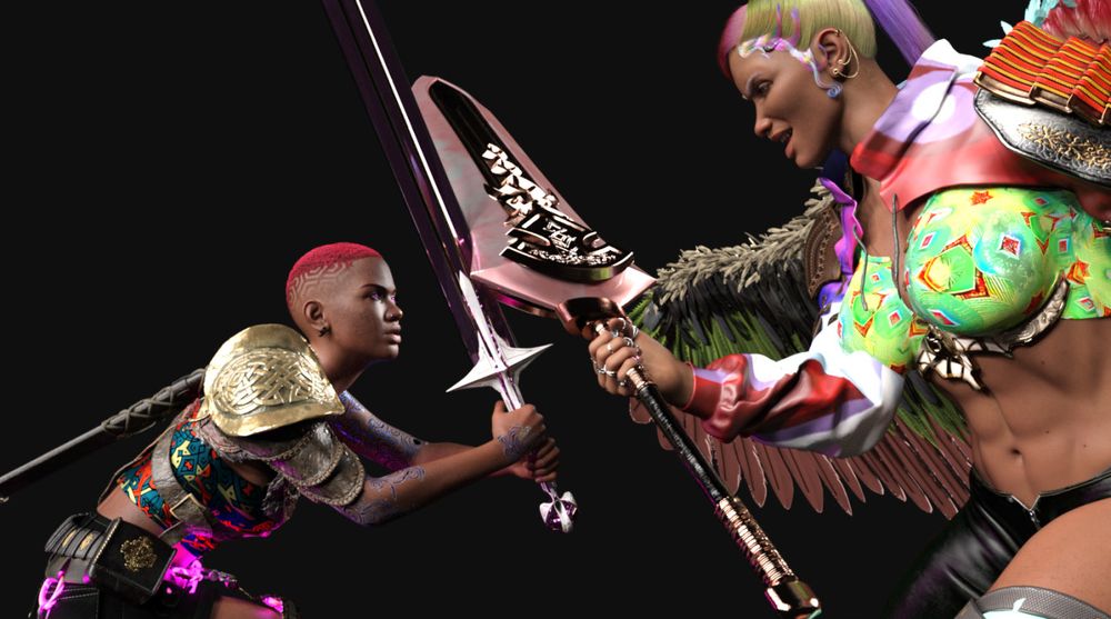 Similar to the first image, except this time the background is pitch black and the lighting has shifted to be directed at them, casting dramatic shadows. 