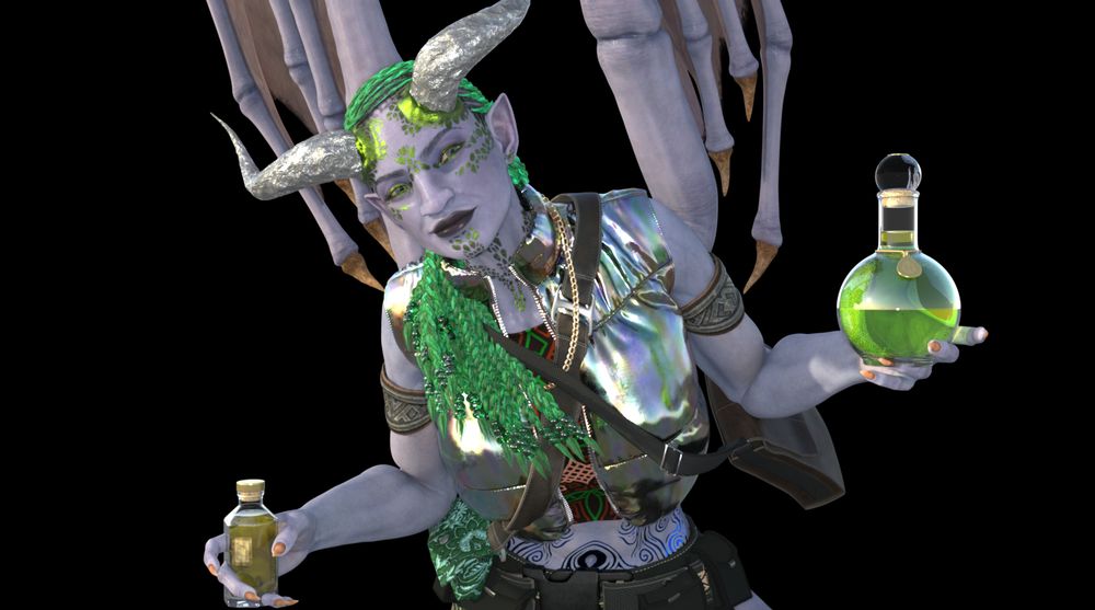 Terrya holds two potions in her hands, the one in her left is bright green, the one in her right is a yellowish brownish mix. She's leaning over to the side with a sly smirk on her face. 