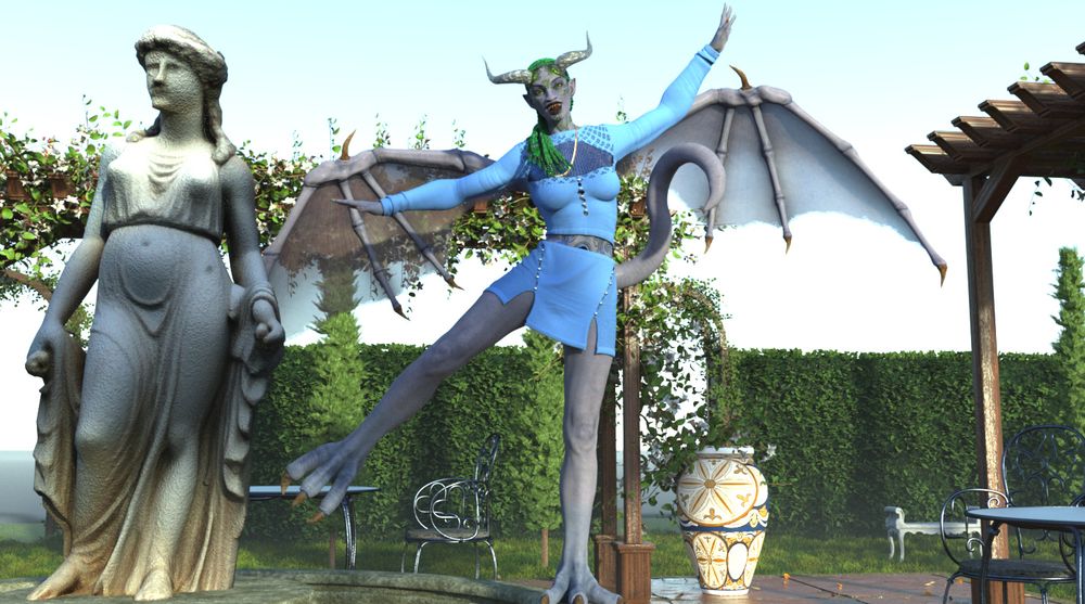 Terrya walks on the edge of a fountain, balancing like she's on a tightrope, sticking her right leg out to the side and holding her arms up. She smiles gleefully at the viewer. Next to her is a stone statue of a lady in a robe. Her tail curls up next to her on her left side.