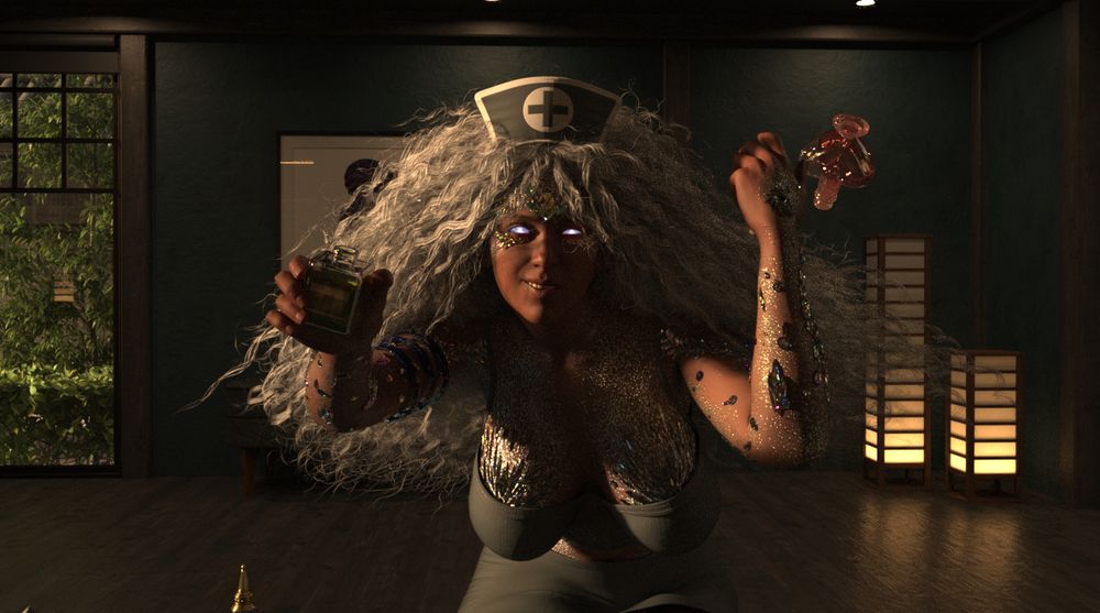 Jazza throws the heart shaped bottle and leans towards the viewer with the cork of the green potion gone. She tilts the contents for the viewer, prompting them to drink from it. As she leans forward, half her face is covered in shadows. A sinister smile makes its way on her face. 