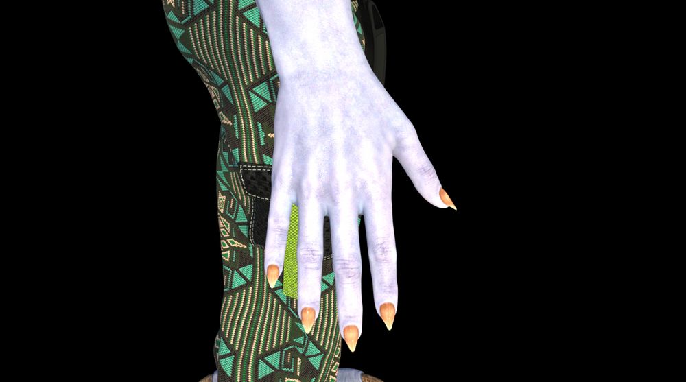 A close-up of Terrya's right hand (which we can assume is symmetrical to her left) has long yellowed claws. 